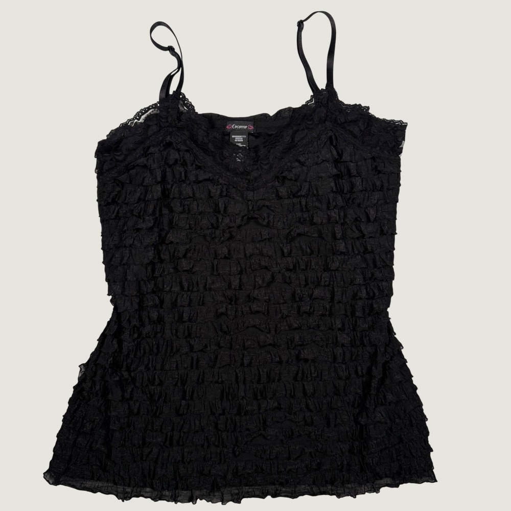 Cocomo Black Ruffle Lace Trim Cami Top Adjustable Straps XL Y2K Gothic Coquette